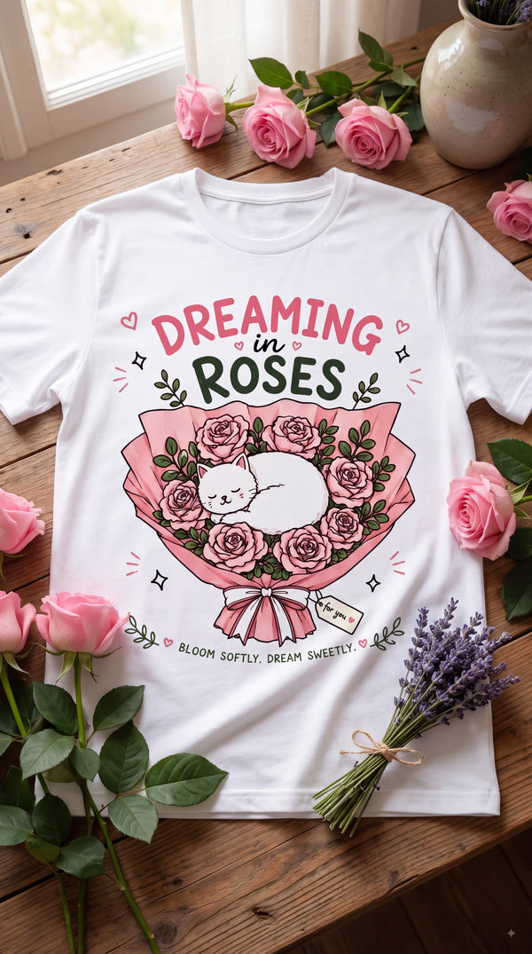 Dreaming in Roses Cat Graphic Tee