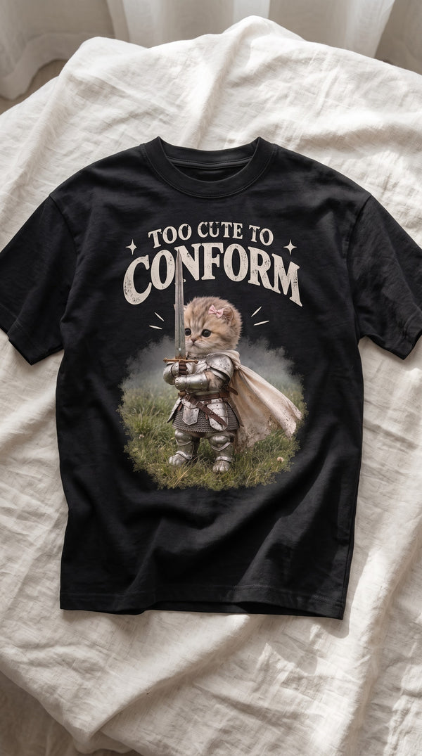 Too Cute to Conform Knight Cat Graphic Tee  Funny Animal Y2K Shirt
