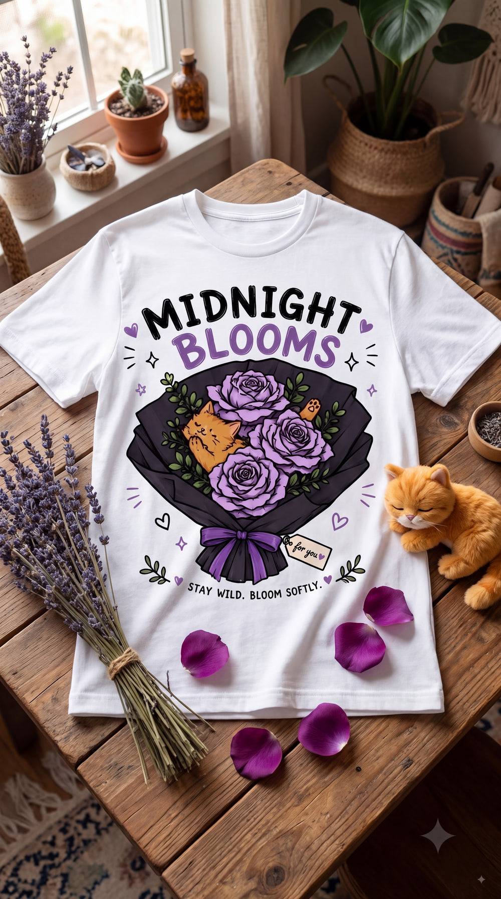 Midnight Blooms Cat Graphic Tee